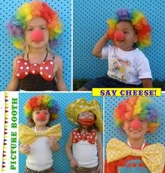 four pictures of children wearing clown hats and wigs, all in different poses with words say say cheese