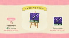 an animal crossing game screen with the words, stargazing look out and look out