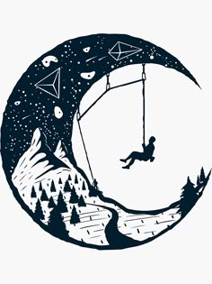 a drawing of a person swinging on a moon with mountains and trees in the background