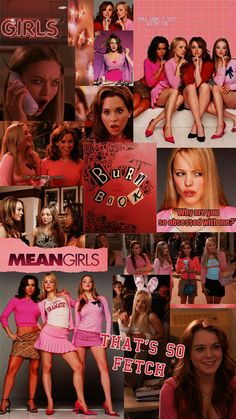 the mean girls collage is shown in pink and red colors, including two women with different