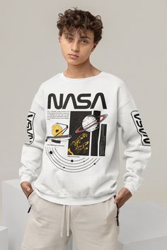 Nasa Sweater, Nasa Fashion, Nasa Sweatshirt, Nasa Outfit Aesthetic, White Graphic Print Crew Sweatshirt, White Cotton Sweatshirt With Front Print, Shein Tshirt, White Graphic Print Crew Neck Tops, Nasa Tshirt