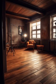 A leather armchair sits in a nearly empty room with a wooden floor. The room is filled with potential for DIY wooden furniture created with the help of a woodwork course. Diy Wooden Furniture, Empty Room, Dream Spaces, Leather Armchair, Coffee Tables