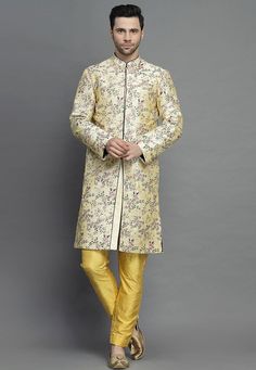 Art Silk Sherwani in Light YellowThis Readymade attire is Enhanced with Resham Work. Crafted in Chinese Collar Neck and Full SleeveAvailable with an Art Silk Pant in MustardDo note: Footwear shown in the image is for presentation purposes only. Half to one inch may vary in measurement. (Slight variation in actual color vs. image is possible) We sell all kinds of menswear. Mens Kurta | Mens Kurta Pajama | Mens Sherwani | Mens Sherwani Sets | Traditional Menswear | Partywear Menswear | Indian Mens Semi-stitched Embroidered Anarkali Sherwani, Anarkali Style Sherwani With Resham Embroidery In Art Silk, Embroidered Semi-stitched Sherwani, Diwali Anarkali Sherwani With Chikankari Embroidery, Unstitched Anarkali Style Art Silk Sherwani, Anarkali Brocade Kurta With Embroidery, Unstitched Anarkali Sherwani In Art Silk, Festive Anarkali Sherwani With Straight Kurta, Long Kurta With Floral Embroidery For Diwali