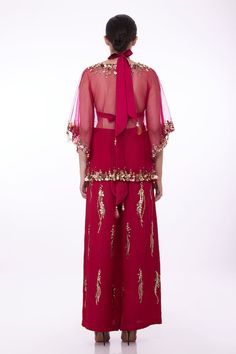 Ruby pink kaftan with sequin applique, cutdana, bead embroidered border in floral pattern. - Aza Fashions Hand Embellished Georgette Palazzo Set For Reception, Festive Bollywood Hand Embellished Palazzo Set, Festive Hand Embellished Palazzo Set For Festivals, Embellished Georgette Palazzo Set For Reception, Pink Anarkali Salwar Kameez Hand Embellished, Anarkali Hand Embellished Pink Salwar Kameez, Traditional Pink Hand Embellished Salwar Kameez, Festive Hand Embellished Palazzo Set, Traditional Drape Hand Embellished Palazzo Set For Festivals