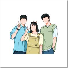 three people standing next to each other with one giving the peace sign and the other holding up two fingers