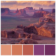 the desert is full of rocks and mountains with purple hues in each color scheme