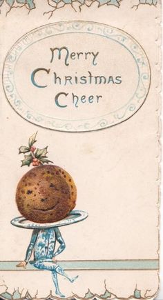 an old fashioned christmas card with a smiling man carrying a large piece of cake on it's head