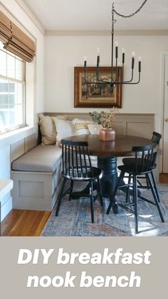 a dining room table and chairs with the words diy breakfast nook bench above it