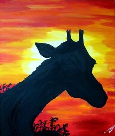 a painting of a giraffe in the sunset