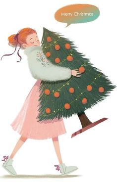 a woman carrying a christmas tree with an empty thought bubble above her head