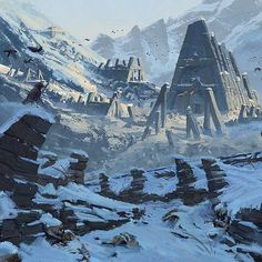 an artist's rendering of a futuristic city surrounded by mountains and birds in the snow