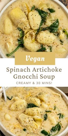 spinach artichoke gnocchi soup in a white bowl on a wooden table