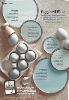 an advertisement for eggshell blues on the side of a table with other items in it