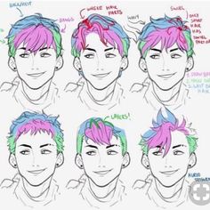 a drawing of different hair styles for boys with pink and blue hair, green eyes