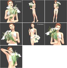 six different poses of a woman with flowers in her hand and the second is holding daisies