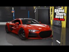 a red sports car in a garage with the words gtp auto online on it