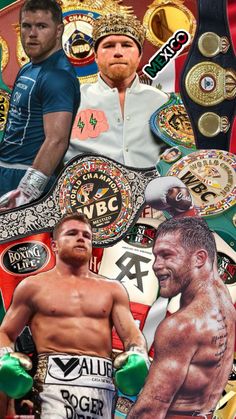 two men standing next to each other in front of a collage of boxing belts