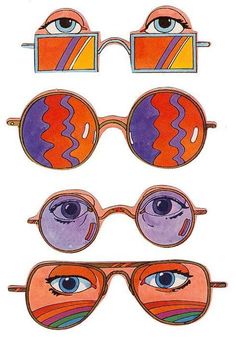 three pairs of sunglasses with different colored glasses on top of each one, and the same pair