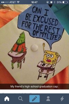 an image of someones graduation cap with spongebob on it