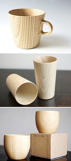 three different wooden bowls and cups sitting on top of each other