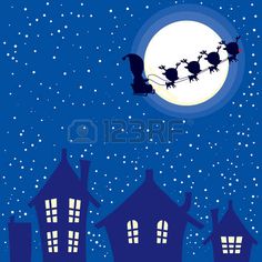 santa's sleigh flying over the city at night