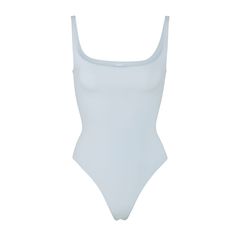 Fits Everybody Square Neck Bodysuit | Sky — A square neckline and low scoop back make this bodysuit a flattering base layer or everyday wardrobe item. Features a high cut leg opening and thong back that remains invisible under clothing. Second-skin High-cut Leotard For Summer, Summer High Cut Smoothing Leotard, High Cut Smoothing Leotard For Summer, High Cut Seamless Summer Leotard, Sleek High Cut Summer Bodysuit, Sleek High-cut Summer Bodysuit, Chic Seamless Second-skin Bodysuit, High Cut Seamless Bodysuit For Summer, Elegant High Cut Summer Bodysuit