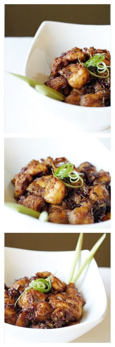 three photographs of chicken with sauce and scallions in a white bowl