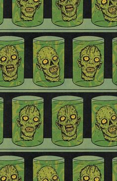 a green and black background with many images of zombie heads in mugs that appear to be full of yellow eyes