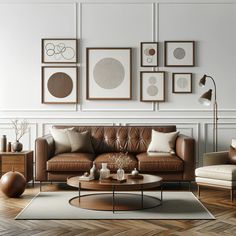 a living room filled with furniture and framed pictures on the wall above it's coffee table