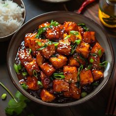 a bowl filled with tofu and rice on top of a table