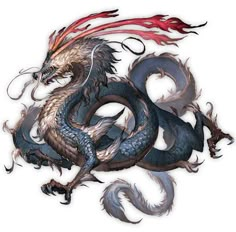 a black and red dragon sitting on top of a white wall