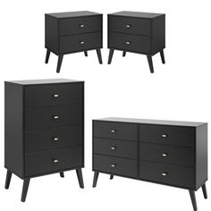 four black dressers with gold handles on each drawer and one has two drawers in the middle