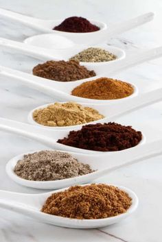 several spoons filled with different types of spices