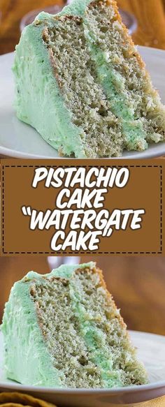 two slices of pistachio cake with green frosting on a white plate in front of the rest of the cake