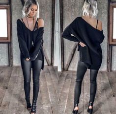 Off The Shoulder Jumper, Look Grunge, Hipster Outfits, Looks Black, Black Women Fashion, All Black Outfit, Casual Stripes