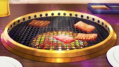 an animated image of food cooking on a grill with plates and cups around the table