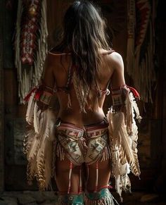 a woman in native garb is standing back to back with her hands on her hips