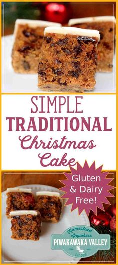 an advertisement for a christmas cake with the words, simple traditional christmas cake gluen and dairy free