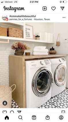 a washer and dryer in a room with black and white tile flooring