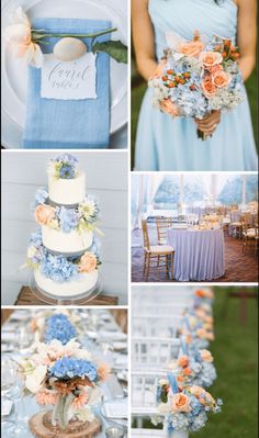 a collage of different pictures with blue and peach flowers on them, including a wedding cake