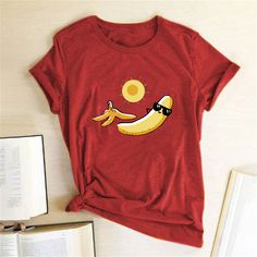 Sunbathing Banana Printed Funny T-shirts Women Summer Tshirt Woman Funny Cute Tops Graphic Teefor Ladies Ropa Mujer Verano Summer Crew Neck Tops With Cartoon Print, Casual Cartoon Print T-shirt For Summer, Summer Short Sleeve Tops With Cartoon Print, Summer Cartoon Print Graphic Tee Shirt, Summer Graphic Tee Shirt With Cartoon Print, Summer Cartoon Print Graphic Tee, Summer Cartoon Print T-shirt, Casual Cartoon Print Tops For Vacation, Summer Cartoon Print Short Sleeve T-shirt