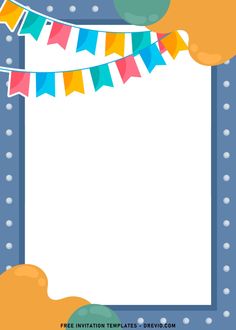 an image of a birthday card with balloons and streamers on the border, in blue background