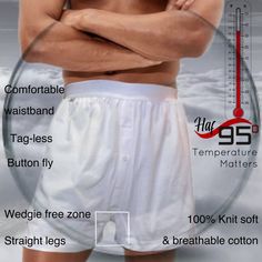 You are purchasing a renowned premium 100% 1 pair White knit cotton boxer underwear in Clear Plastic Sphere Haf95 presents white boxer underwear that is luxurious soft to the touch and breathable cool fabric.  Haf95 gives you the most comfort boxer underwear you will ever wear.  You will come back for more to put in your order before the inventory is gone.  Just remember to wear them "One leg at a time".   - 1 pairs White X-Large - 100% Knit cotton (stich 187gram)  - Cool Knit underwear boxer - Wedgie free zone - Tag-less  - Straight legs - Comfortable and strong elastic waistband, but not restrictive and comfortable around the waist  - Pre-washed - White  - Button fly  - Cool to the touch - Loose fitting  - Breathable - Unisex Full sizing specification: -Leg Inseam  Round the leg: 14.5" w