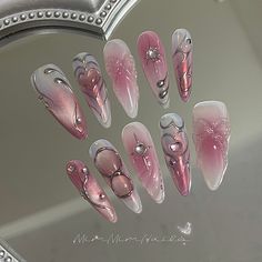 Hello, fabulous friends!  Welcome to MimMimNails! I hope you find the perfect style that speaks to you. 🍁 **Materials At MimMimNails, I use only the finest materials to craft durable and luxurious press-on nails that you can rely on. My nails will last: 1-2 days with adhesive tabs (included with your nail set) 2-3 weeks with nail glue. You can reuse the nails multiple times with proper care. Follow the instructions included in your nail set. **Each Nail Set Includes 10 custom-sized nails 24 adh Pink Nails Design Butterfly, Creative Wedding Nails, Silver Nails Butterfly, Hmong Inspired Nails, Sailor Moon Themed Nails, Press On Sets, Princess Aurora Nails, Pink Holographic Nail Designs, Nail Designs Long Almond