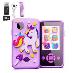 a purple case with a unicorn on it next to an mp3 player and lanyard