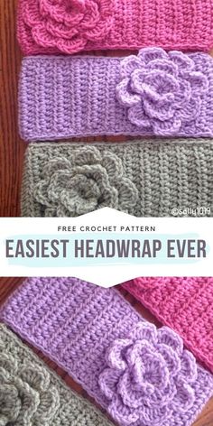 four crochet headbands with flowers on them and the text free crochet pattern