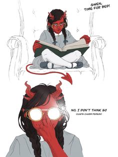 an image of a woman reading a book with horns on her head and devilish hair