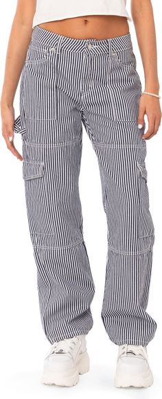 EDIKTED Stripe Out Cargo Pants | Nordstrom Casual Pinstripe Pants With Pockets, Casual Pinstripe Cotton Pants, Casual Pinstripe Bottoms With Pockets, Casual Pinstripe Cotton Bottoms, Casual Striped Pants With Side Pockets, Cotton Pinstripe Bottoms With Pockets, Pinstripe Cotton Bottoms With Pockets, Casual Striped Bottoms With Side Pockets, Striped Cargo Pants