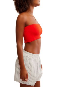 Love to layer—or dare to bare—in this sleek and modern bandeau bra top covered in fine ribbing that eases the body-hugging fit. 8 1/2" center front length (size Medium/Large) Strapless 92% nylon, 8% spandex Machine wash, dry flat Made in the USA Bandeau Bra, Fiery Red, Bra Top, Bandeau Top, Bra Tops, Free People, Sleek, Nordstrom, Spandex