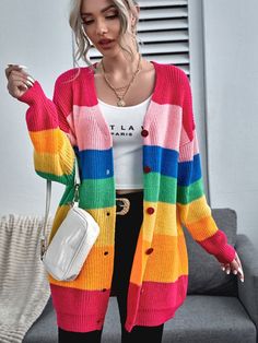 Button Front Drop Shoulder Rainbow Stripe Cardigan | EMERY ROSE Lux Closet, Rainbow Cardigan, Drop Shoulder Cardigan, Loose Cardigan, Áo Len Cardigan, Cardigan Casual, Long Sleeve Knitted Cardigan, Color Block Cardigan, Button Front Cardigan